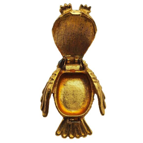 Gold Tone Owl Solid Perfume Pin Vonda Bird Brooch Red Eyes Vtg Nature Inspired - Picture 4 of 5